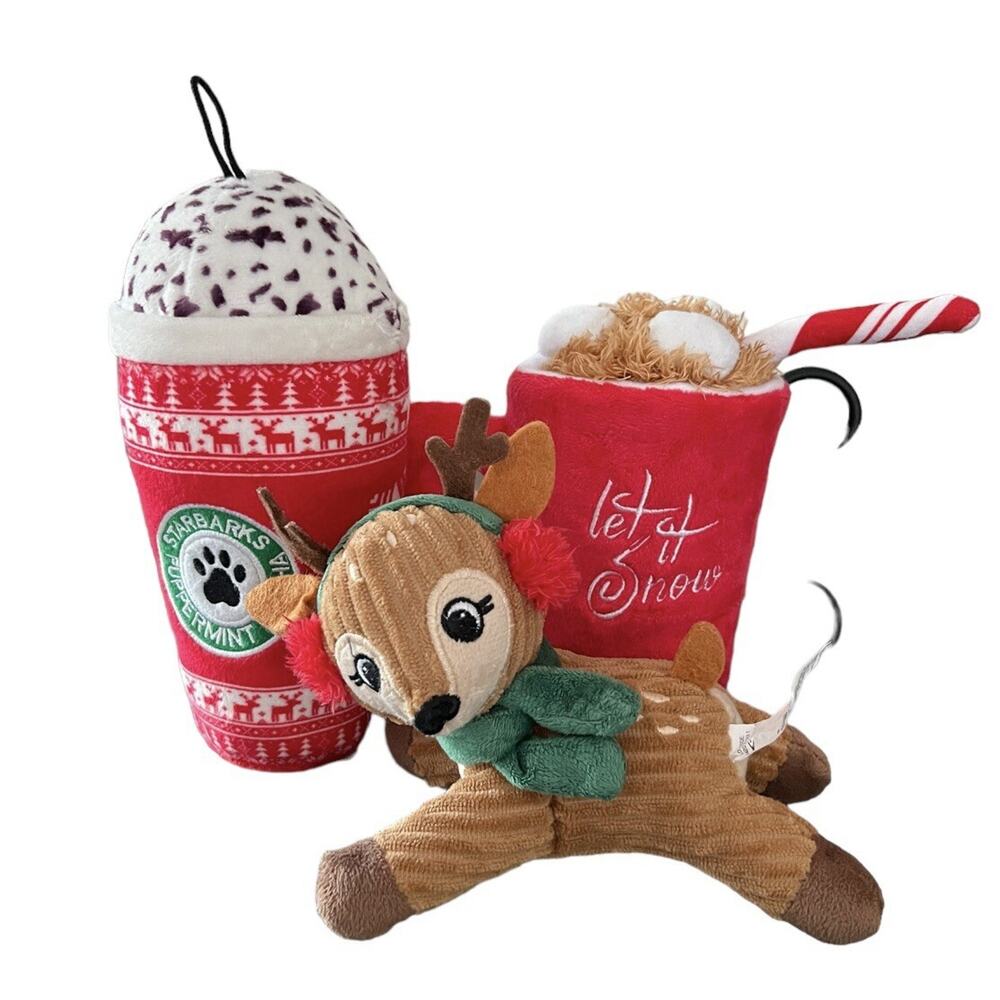 Starbarks Christmas Coffee Dog Plush Toy Holiday Hot Chocolate Reindeer Set 3
